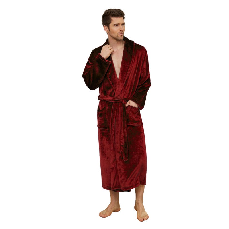 U2SKIIN Mens Fleece Robe Plush Collar Shawl Bathrobe(Dark Red,L/XL) - Image 1